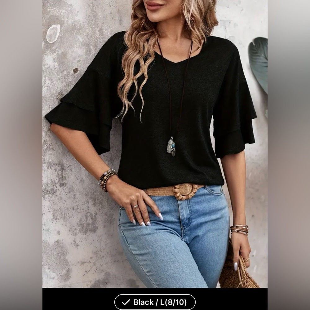 NEW Women’s Shirt / Top, Black, Large, flare sleeves, V-Neck, looks like blouse